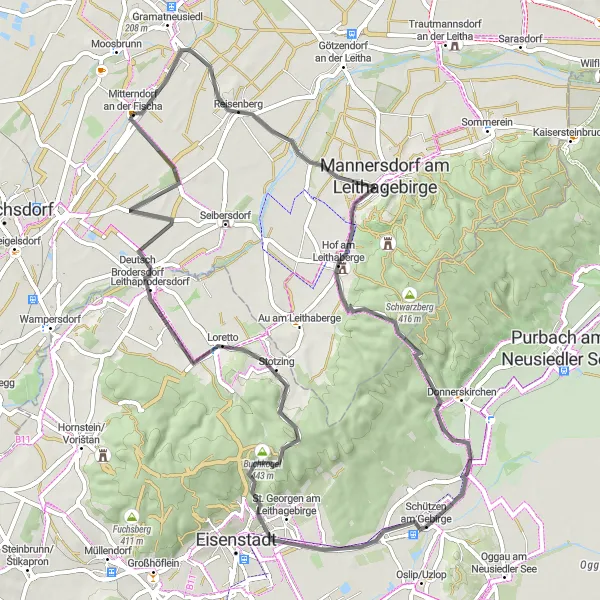 Map miniature of "Leithagebirge Road Adventure" cycling inspiration in Niederösterreich, Austria. Generated by Tarmacs.app cycling route planner