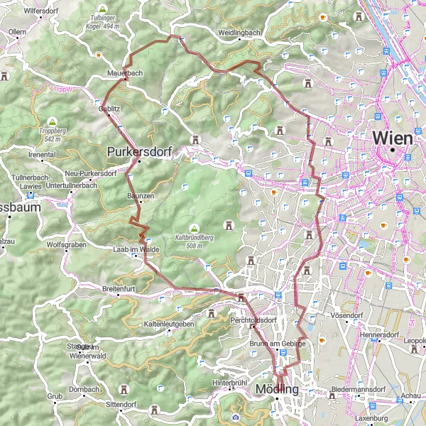 Miniatua del mapa de inspiración ciclista "Ruta de Grava Mödling-Gugelhupf-Dreihufeisenberg-Purkersdorf-Mauerbach-Exelberg-Schafberg-Ottakring-Flohberg-Schloss Hetzendorf-Siebenhirten" en Niederösterreich, Austria. Generado por Tarmacs.app planificador de rutas ciclistas