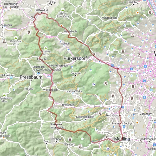 Mapa miniatúra "Gravelový okruh cez Mödling a Wolfersberg" cyklistická inšpirácia v Niederösterreich, Austria. Vygenerované cyklistickým plánovačom trás Tarmacs.app