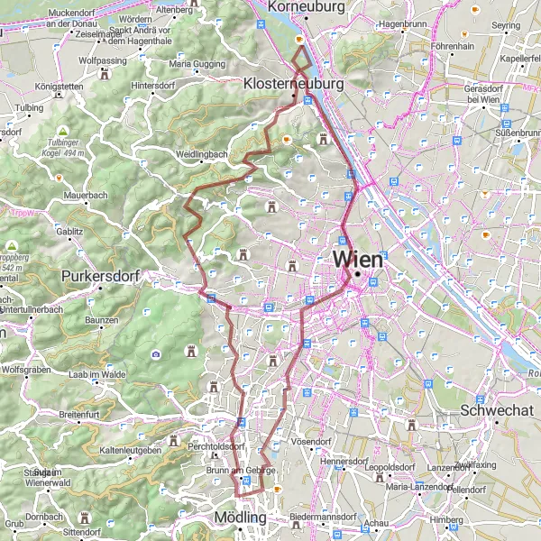 Miniature de la carte de l'inspiration cycliste "Itinéraire Scénique de Maria Enzersdorf à Kielmansegg-Schlössl" dans la Niederösterreich, Austria. Générée par le planificateur d'itinéraire cycliste Tarmacs.app