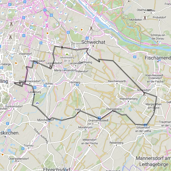 Miniatua del mapa de inspiración ciclista "Ruta Leopoldsdorf-Schwadorf-Laxenburg" en Niederösterreich, Austria. Generado por Tarmacs.app planificador de rutas ciclistas