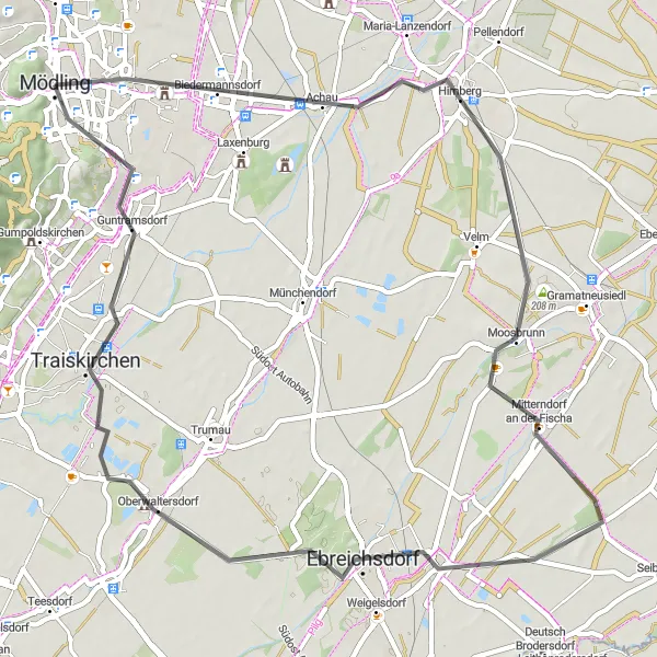 Miniatua del mapa de inspiración ciclista "Ruta Achau-Ebreichsdorf-Traiskirchen" en Niederösterreich, Austria. Generado por Tarmacs.app planificador de rutas ciclistas