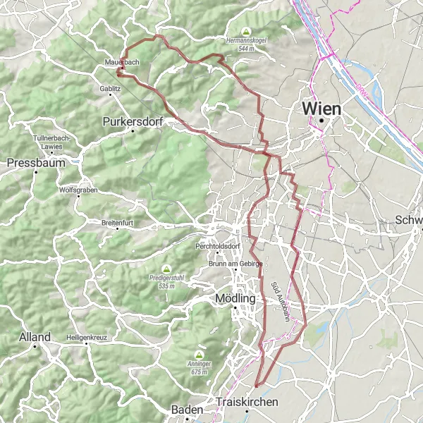 Miniatura della mappa di ispirazione al ciclismo "L'Esplorazione Gravel" nella regione di Niederösterreich, Austria. Generata da Tarmacs.app, pianificatore di rotte ciclistiche