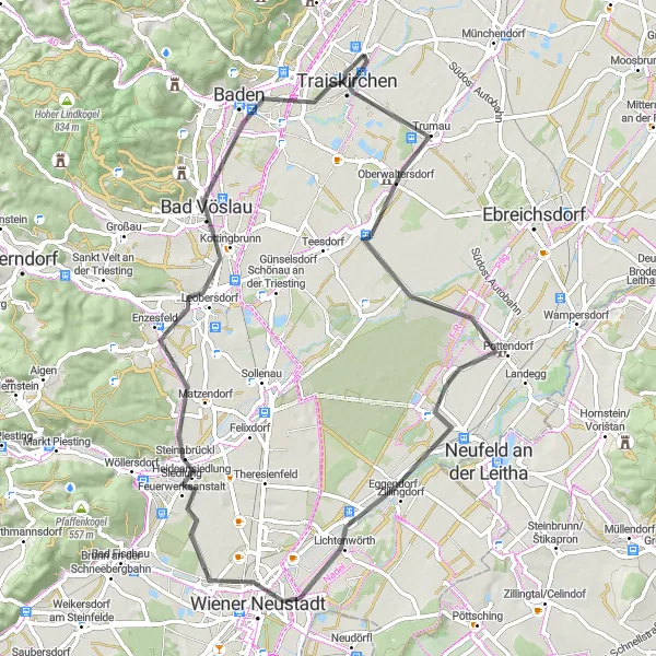Miniatura della mappa di ispirazione al ciclismo "Alla Scoperta delle Colline" nella regione di Niederösterreich, Austria. Generata da Tarmacs.app, pianificatore di rotte ciclistiche
