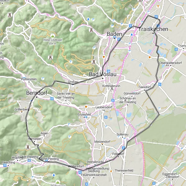 Miniatura della mappa di ispirazione al ciclismo "Giro in bici da Möllersdorf a Traiskirchen e ritorno" nella regione di Niederösterreich, Austria. Generata da Tarmacs.app, pianificatore di rotte ciclistiche