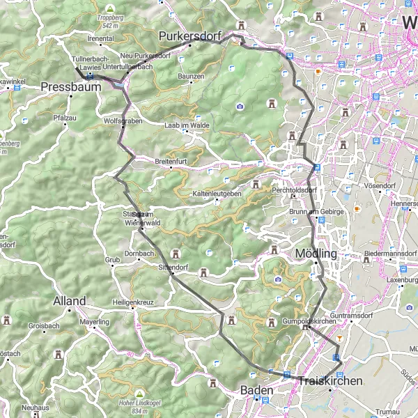 Miniaturní mapa "Traiskirchen - Mödling - Krátká silniční trasa" inspirace pro cyklisty v oblasti Niederösterreich, Austria. Vytvořeno pomocí plánovače tras Tarmacs.app