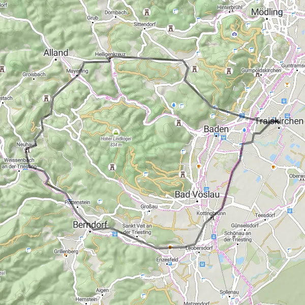 Miniatua del mapa de inspiración ciclista "Gira de las Colinas Rurales" en Niederösterreich, Austria. Generado por Tarmacs.app planificador de rutas ciclistas