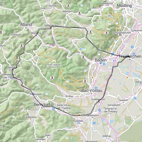 Miniatura della mappa di ispirazione al ciclismo "Tour in bicicletta tra tradizione e natura nei dintorni di Möllersdorf" nella regione di Niederösterreich, Austria. Generata da Tarmacs.app, pianificatore di rotte ciclistiche