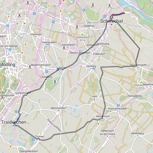 Miniatua del mapa de inspiración ciclista "Ruta en Carretera a Maria-Lanzendorf" en Niederösterreich, Austria. Generado por Tarmacs.app planificador de rutas ciclistas