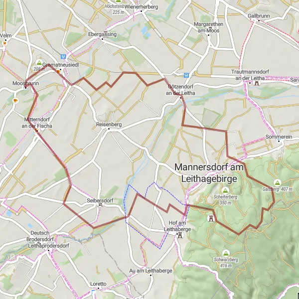 Miniature de la carte de l'inspiration cycliste "Les riches paysages de la gravel près de Moosbrunn" dans la Niederösterreich, Austria. Générée par le planificateur d'itinéraire cycliste Tarmacs.app
