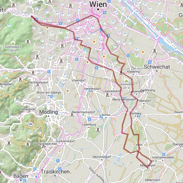 Miniaturekort af cykelinspirationen "Moosbrunn til Wienerberg Gruscykelrute" i Niederösterreich, Austria. Genereret af Tarmacs.app cykelruteplanlægger