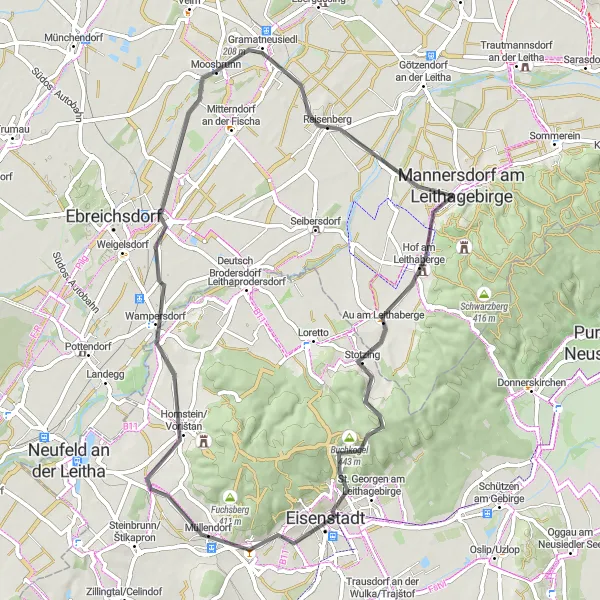 Miniature de la carte de l'inspiration cycliste "Le défi pittoresque de Gramatneusiedl à Unterwaltersdorf" dans la Niederösterreich, Austria. Générée par le planificateur d'itinéraire cycliste Tarmacs.app