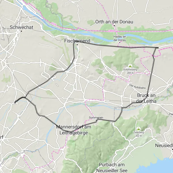 Miniatura della mappa di ispirazione al ciclismo "Percorso ciclistico panoramico da Moosbrunn a Mannersdorf am Leithagebirge" nella regione di Niederösterreich, Austria. Generata da Tarmacs.app, pianificatore di rotte ciclistiche