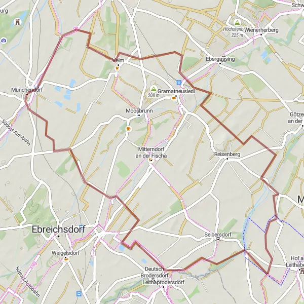 Mapa miniatúra "Gravelové dobrodružstvo z Münchendorfu" cyklistická inšpirácia v Niederösterreich, Austria. Vygenerované cyklistickým plánovačom trás Tarmacs.app