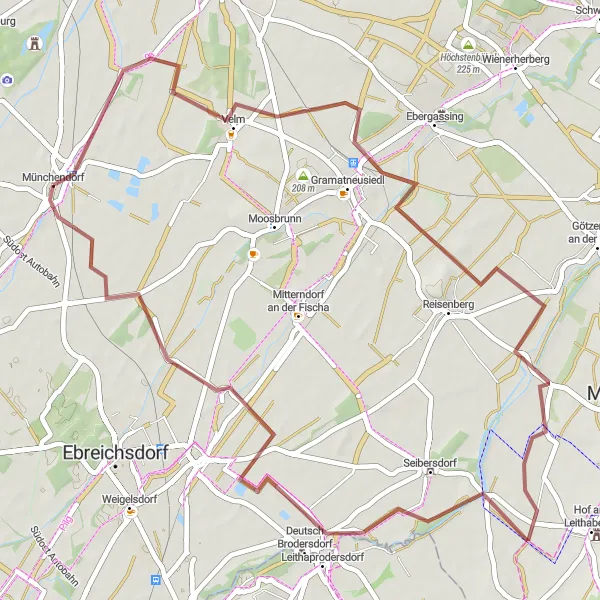 Karttaminiaatyyri "Münchendorf - Pischelsdorf - Leithaprodersdorf - Münchendorf" pyöräilyinspiraatiosta alueella Niederösterreich, Austria. Luotu Tarmacs.app pyöräilyreittisuunnittelijalla