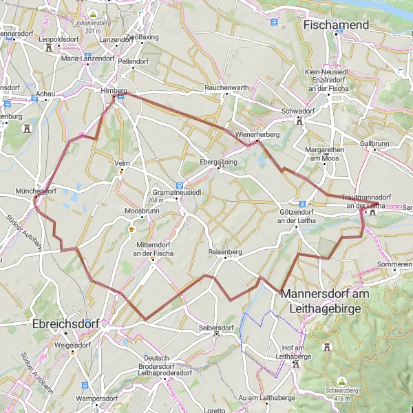 Miniatura della mappa di ispirazione al ciclismo "Esplorazione fuoristrada da Himberg a Schranawand" nella regione di Niederösterreich, Austria. Generata da Tarmacs.app, pianificatore di rotte ciclistiche