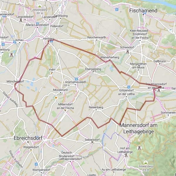 Map miniature of "The Shores of Leitha" cycling inspiration in Niederösterreich, Austria. Generated by Tarmacs.app cycling route planner