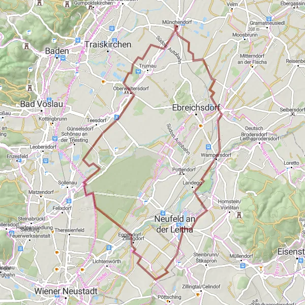 Map miniature of "The Leitha Valley" cycling inspiration in Niederösterreich, Austria. Generated by Tarmacs.app cycling route planner