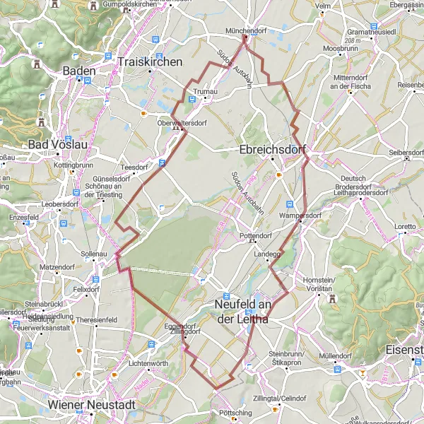 Miniatua del mapa de inspiración ciclista "Ruta circular en gravilla a través de Unterwaltersdorf, Wimpassing an der Leitha, Neufeld an der Leitha, Zillingdorf, Tattendorf y Münchendorf" en Niederösterreich, Austria. Generado por Tarmacs.app planificador de rutas ciclistas