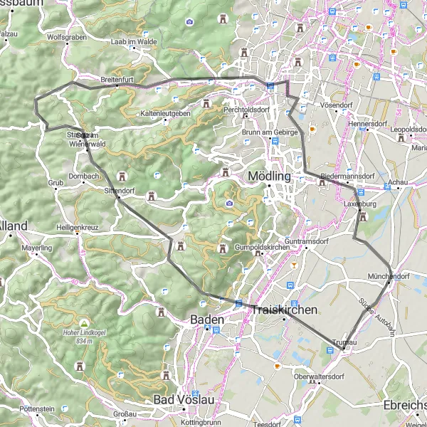 Miniatua del mapa de inspiración ciclista "Ruta de ciclismo de carretera a Laxenburg" en Niederösterreich, Austria. Generado por Tarmacs.app planificador de rutas ciclistas