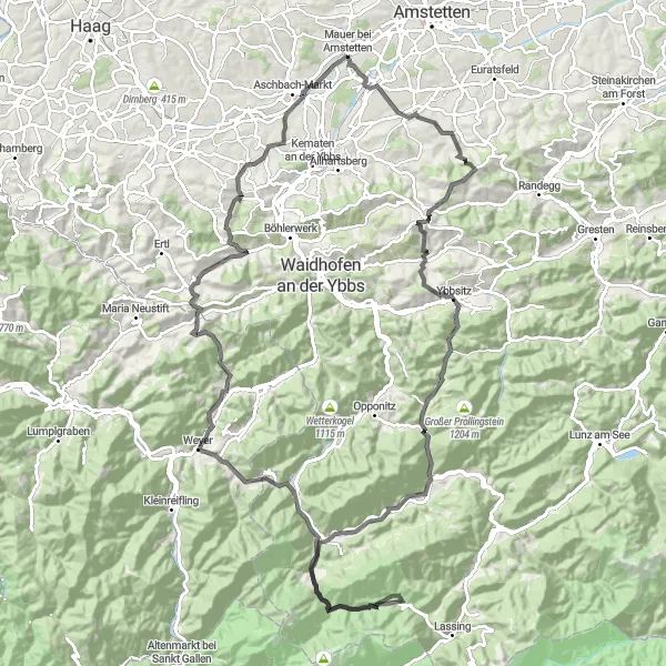 Miniature de la carte de l'inspiration cycliste "Défi des tours de l'Ybbs" dans la Niederösterreich, Austria. Générée par le planificateur d'itinéraire cycliste Tarmacs.app