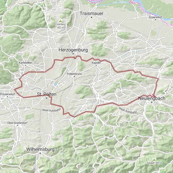 Miniatura della mappa di ispirazione al ciclismo "Giro in bicicletta attraverso St. Pölten e Würmla" nella regione di Niederösterreich, Austria. Generata da Tarmacs.app, pianificatore di rotte ciclistiche