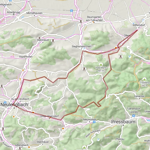 Miniatura della mappa di ispirazione al ciclismo "Giro in bicicletta sterrato tra i vigneti di Neulengbach" nella regione di Niederösterreich, Austria. Generata da Tarmacs.app, pianificatore di rotte ciclistiche