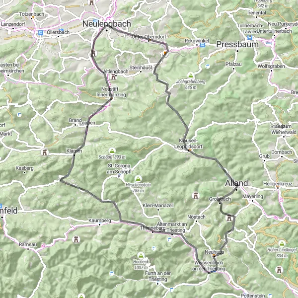 Kartminiatyr av "Landskapstur til Alland og tilbake" sykkelinspirasjon i Niederösterreich, Austria. Generert av Tarmacs.app sykkelrutoplanlegger