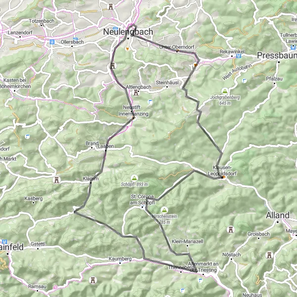 Miniature de la carte de l'inspiration cycliste "Les collines de Neulengbach par la route" dans la Niederösterreich, Austria. Générée par le planificateur d'itinéraire cycliste Tarmacs.app