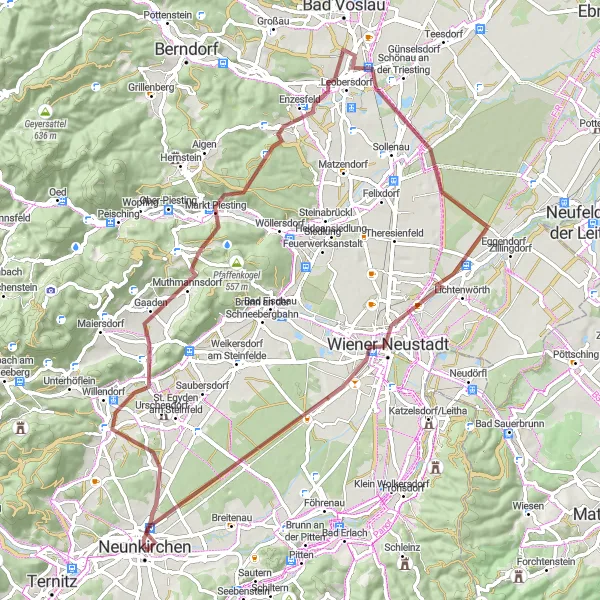 Zemljevid v pomanjšavi "Gorski kolesarski izzivi okoli Neunkirchena" kolesarske inspiracije v Niederösterreich, Austria. Generirano z načrtovalcem kolesarskih poti Tarmacs.app