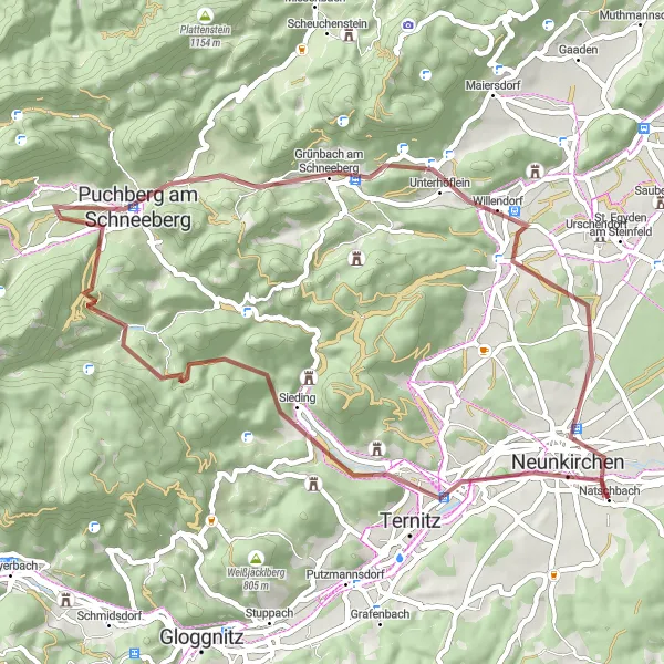 Miniaturní mapa "Short Gravel Loop near Ternitz" inspirace pro cyklisty v oblasti Niederösterreich, Austria. Vytvořeno pomocí plánovače tras Tarmacs.app