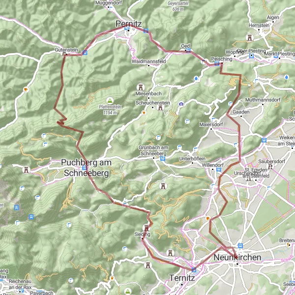 Miniaturní mapa "Gravelový okruh kolem Neunkirchenu" inspirace pro cyklisty v oblasti Niederösterreich, Austria. Vytvořeno pomocí plánovače tras Tarmacs.app