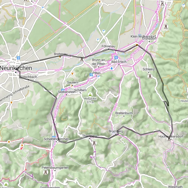 Miniatua del mapa de inspiración ciclista "Ruta por la Bucklige Welt" en Niederösterreich, Austria. Generado por Tarmacs.app planificador de rutas ciclistas