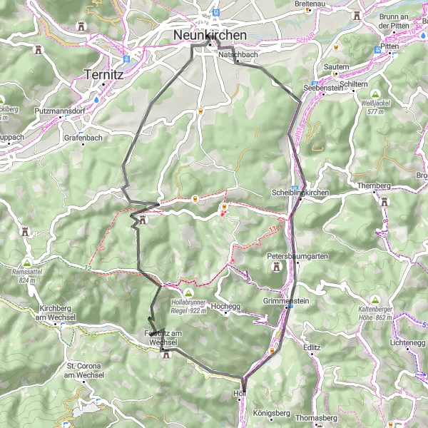 Zemljevid v pomanjšavi "Wechsel Hills" kolesarske inspiracije v Niederösterreich, Austria. Generirano z načrtovalcem kolesarskih poti Tarmacs.app