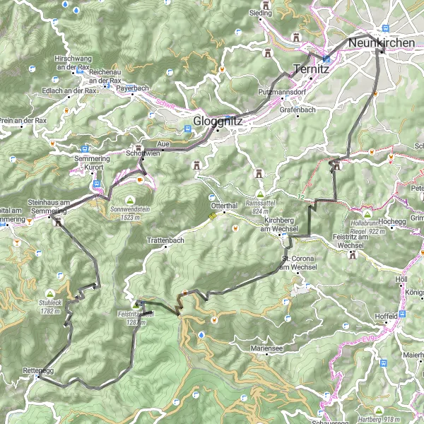 Zemljevid v pomanjšavi "Cestna avantura s presežkom razgledov" kolesarske inspiracije v Niederösterreich, Austria. Generirano z načrtovalcem kolesarskih poti Tarmacs.app