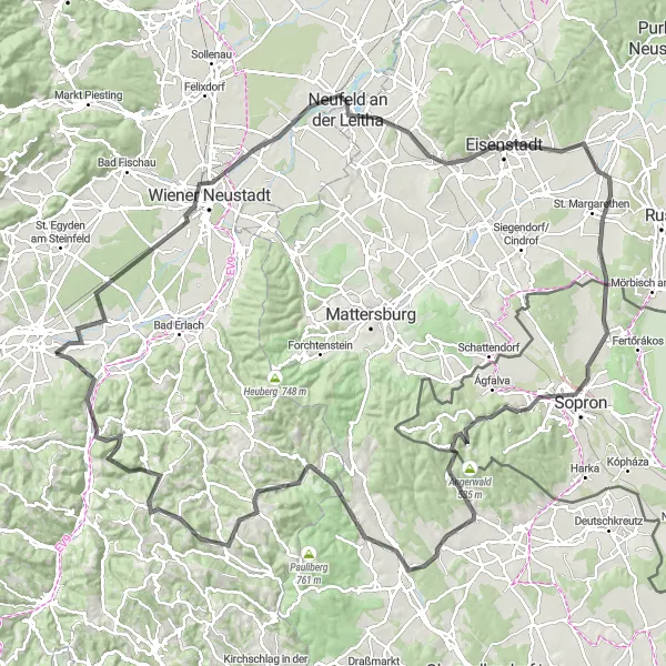 Miniatua del mapa de inspiración ciclista "Ruta del Papstkreuz y Sopron" en Niederösterreich, Austria. Generado por Tarmacs.app planificador de rutas ciclistas