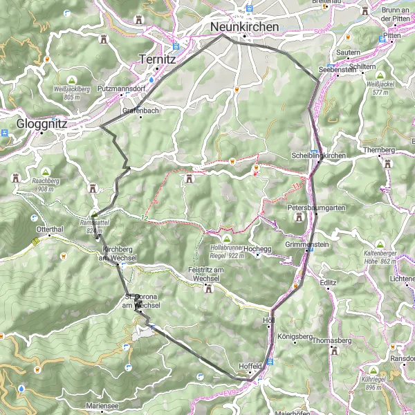 Miniatua del mapa de inspiración ciclista "Ruta de ciclismo de carretera por Neunkirchen y alrededores" en Niederösterreich, Austria. Generado por Tarmacs.app planificador de rutas ciclistas