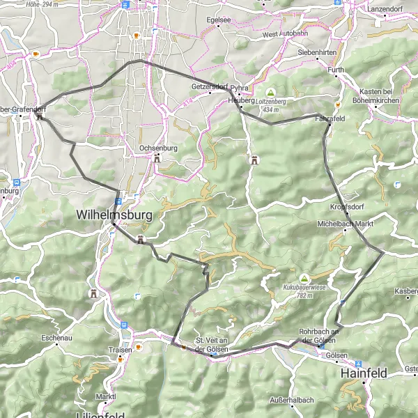 Miniatura mapy "Trasa do Katzelhofer Höhe" - trasy rowerowej w Niederösterreich, Austria. Wygenerowane przez planer tras rowerowych Tarmacs.app