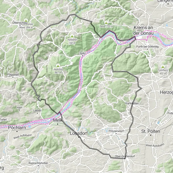 Karttaminiaatyyri "Türnauer Höhe - Mautern an der Donau Circuit" pyöräilyinspiraatiosta alueella Niederösterreich, Austria. Luotu Tarmacs.app pyöräilyreittisuunnittelijalla