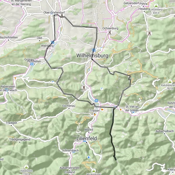 Mapa miniatúra "Trasa cez Fridau a Traisen" cyklistická inšpirácia v Niederösterreich, Austria. Vygenerované cyklistickým plánovačom trás Tarmacs.app