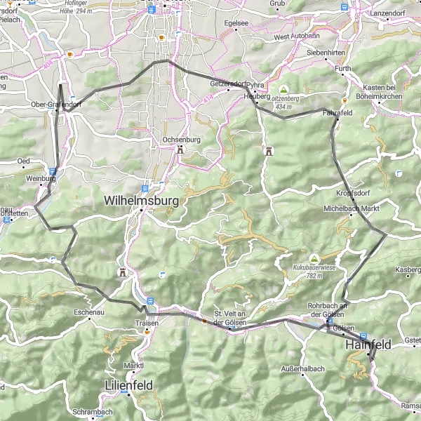 Miniatura mapy "Trasa rowerowa przez Rohrbach i Traisen" - trasy rowerowej w Niederösterreich, Austria. Wygenerowane przez planer tras rowerowych Tarmacs.app