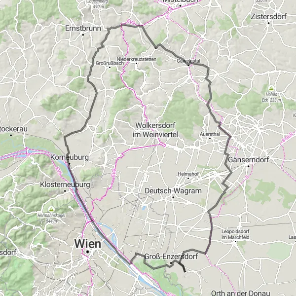 Karttaminiaatyyri "Schloss Sachsengang - Neu-Oberhausen Circuit" pyöräilyinspiraatiosta alueella Niederösterreich, Austria. Luotu Tarmacs.app pyöräilyreittisuunnittelijalla