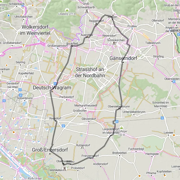 Karttaminiaatyyri "Groß-Enzersdorf - Franzensdorf Loop" pyöräilyinspiraatiosta alueella Niederösterreich, Austria. Luotu Tarmacs.app pyöräilyreittisuunnittelijalla