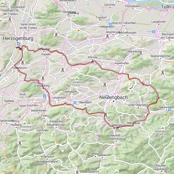 Zemljevid v pomanjšavi "Gravel route around Oberndorf in der Ebene" kolesarske inspiracije v Niederösterreich, Austria. Generirano z načrtovalcem kolesarskih poti Tarmacs.app