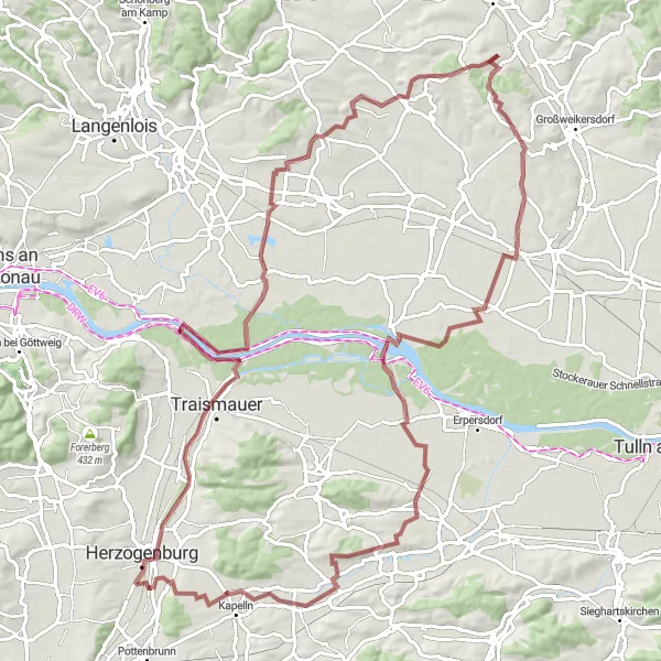 Kartminiatyr av "Opplev historie og natur på en 100 km lang sykkelrute" sykkelinspirasjon i Niederösterreich, Austria. Generert av Tarmacs.app sykkelrutoplanlegger