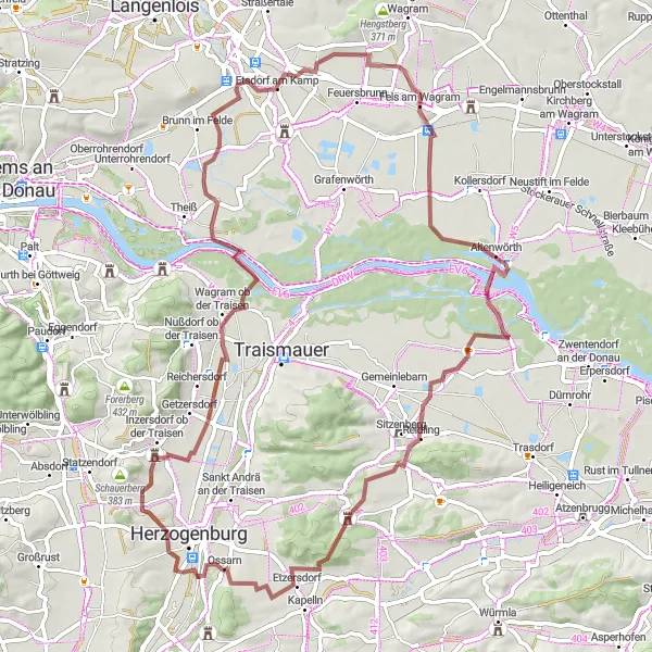 Map miniature of "Historic Villages and Countryside Gravel Tour" cycling inspiration in Niederösterreich, Austria. Generated by Tarmacs.app cycling route planner