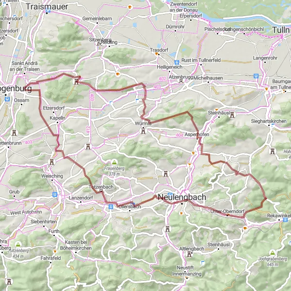 Map miniature of "Scenic Gravel Route through Niederösterreich" cycling inspiration in Niederösterreich, Austria. Generated by Tarmacs.app cycling route planner