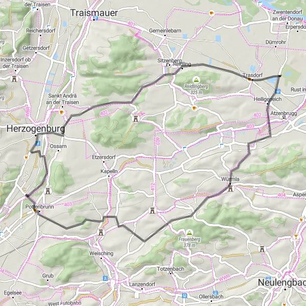 Map miniature of "Herzogenburg - Reidlingberg - Würmla - Frauenberg - Wasserschloss Pottenbrunn - Grassberg Route" cycling inspiration in Niederösterreich, Austria. Generated by Tarmacs.app cycling route planner