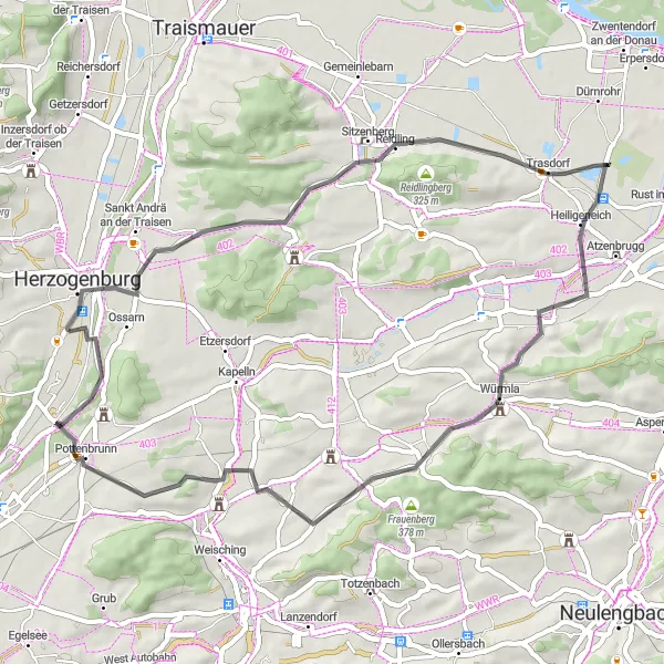 Karttaminiaatyyri "Kulttuurin ja historiallisten nähtävyyksien kierros Herzogenburgissa" pyöräilyinspiraatiosta alueella Niederösterreich, Austria. Luotu Tarmacs.app pyöräilyreittisuunnittelijalla