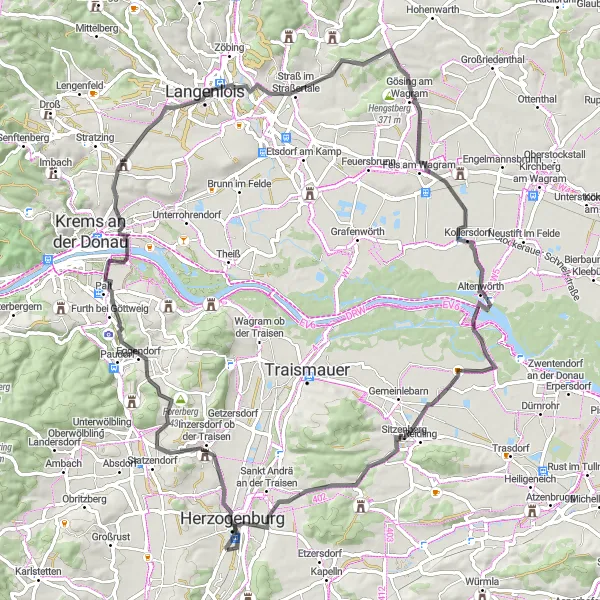 Karttaminiaatyyri "Maalaismaisemien helmiä Straß im Straßertalen kylästä" pyöräilyinspiraatiosta alueella Niederösterreich, Austria. Luotu Tarmacs.app pyöräilyreittisuunnittelijalla